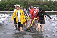 Volunteers moving the canoe
